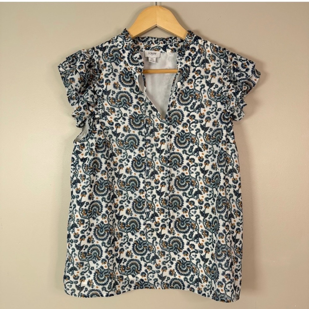 J.Crew XS Floral Paisley Ruffle Sleeve Split Neck Popover Teacher Lightweight - Picture 5 of 6